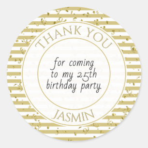Thank You Birthday Party Gold/White Stripe Classic Round Sticker