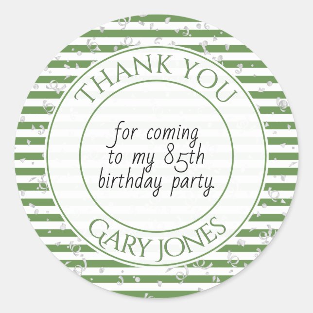Thank You Birthday Party Green/White Stripe Classic Round Sticker (Front)