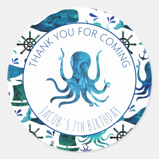 Thank You Birthday Party Marine Octopus Nautical Classic Round Sticker (Front)