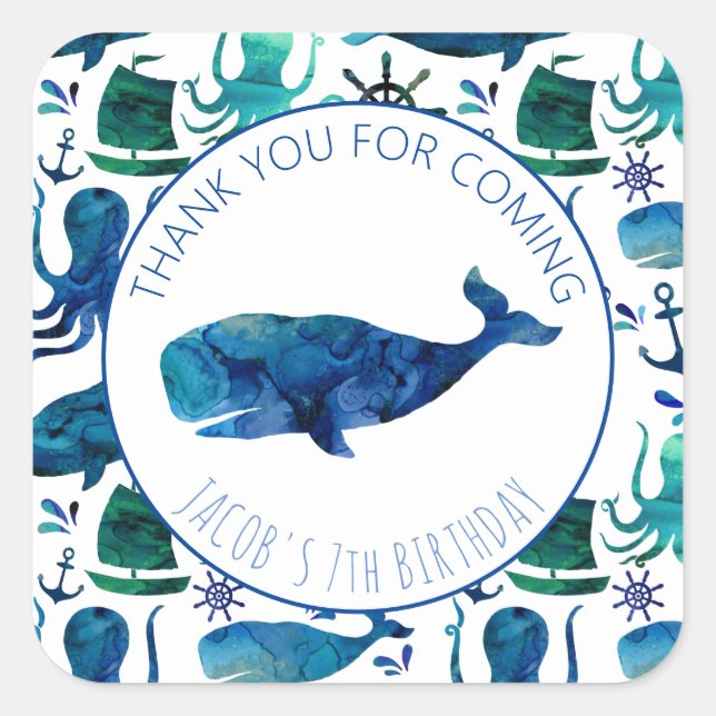 Thank You Birthday Party Marine Whale Nautical Square Sticker (Front)
