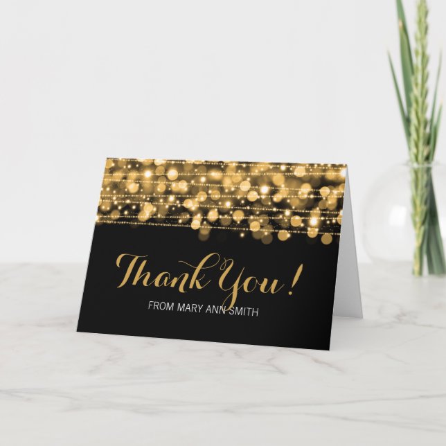 "Thank you" Birthday Party Sparkles Gold Thank You Card (Front)