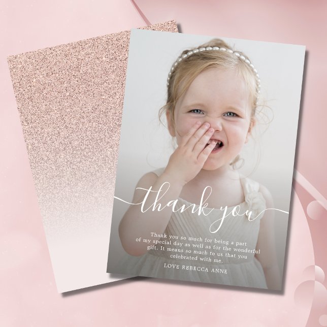 Thank You birthday photo rose gold glitter ombre Card (Photo Thank You Card)