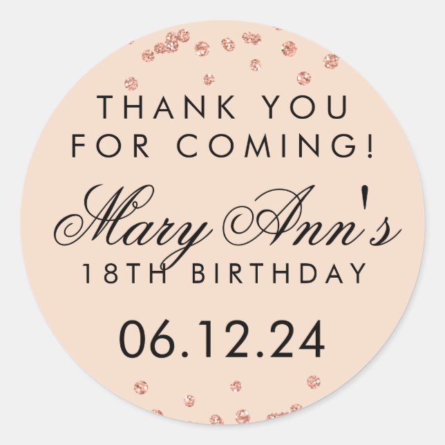 Thank You Birthday Rose Gold Glitter Confetti Classic Round Sticker (Front)