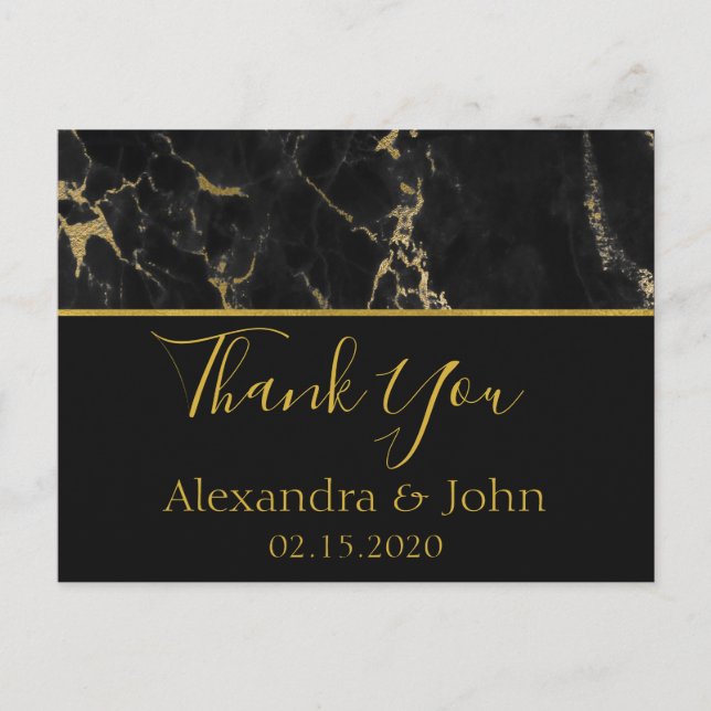 Thank You Black and Gold Elegant Marble Postcard (Front)