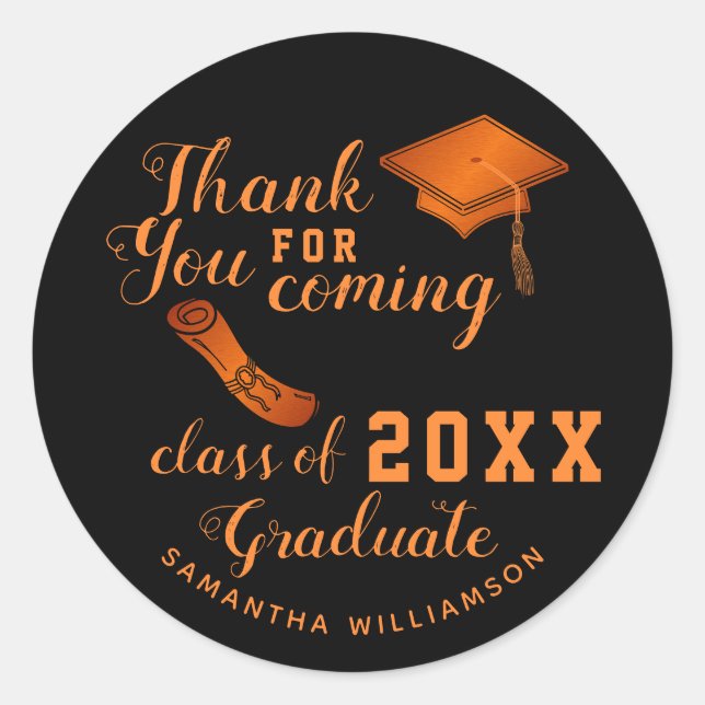 Thank You Black and Orange Class of 2025 Graduate Classic Round Sticker (Front)
