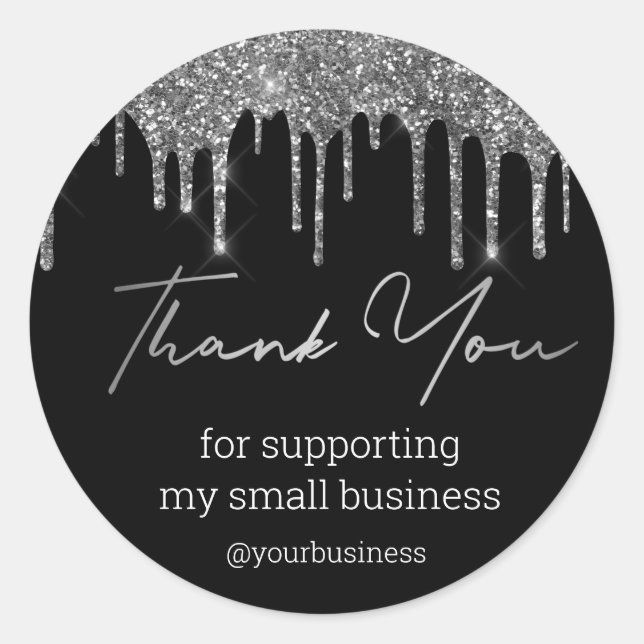 thank you black and silver glitters small business classic round sticker (Front)