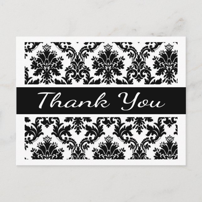 Thank You Black And White Damask Floral  Postcard (Front)