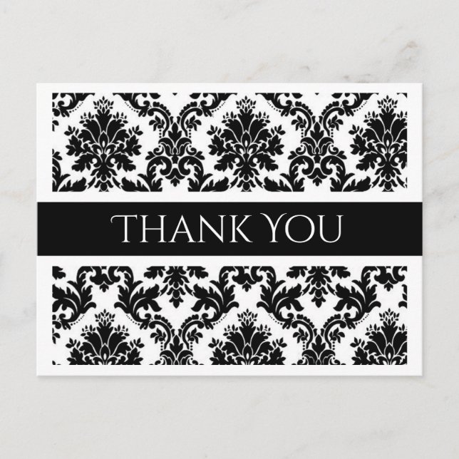 Thank You Black and White Damask Floral  Postcard (Front)