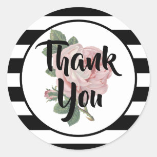 Thank You Black and White Pink Vintage Rose Classic Round Sticker