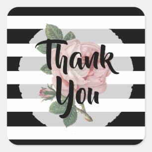 Thank You Black and White Pink Vintage Rose Square Sticker