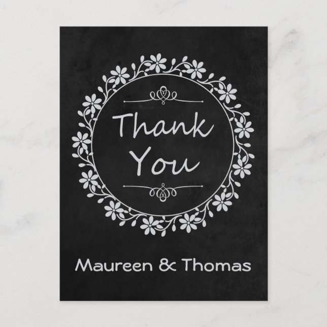 Thank You Black Chalkboard Floral Wreath Post Card (Front)