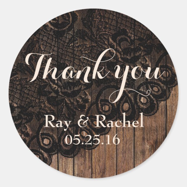 Thank You Black Faux Lace on Wood Classic Round Sticker (Front)