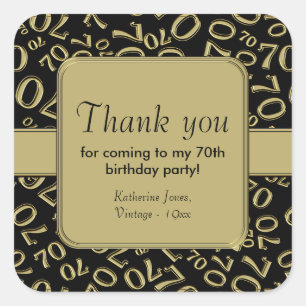 Thank You: Black/Gold 70th Birthday Number Pattern Square Sticker