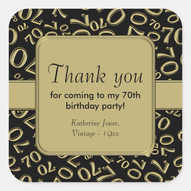 Thank You: Black/Gold 70th Birthday Number Pattern Square Sticker (Front)