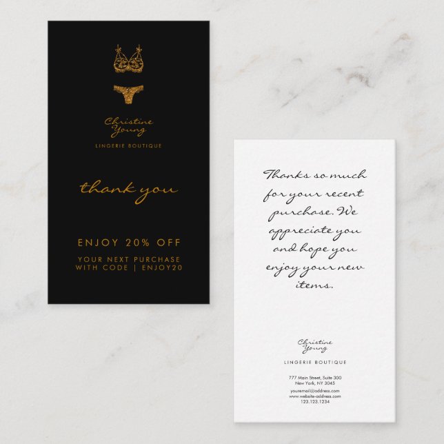 Thank You Black Gold Glitter Lingerie Boutique Dis Discount Card (Front/Back)