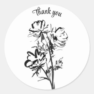 Thank you black ink line drawing foliage flowers  classic round sticker