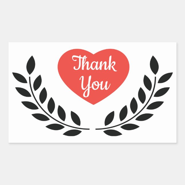 Thank You Black Laurel Leaf Red Heart Rectangular Sticker (Front)