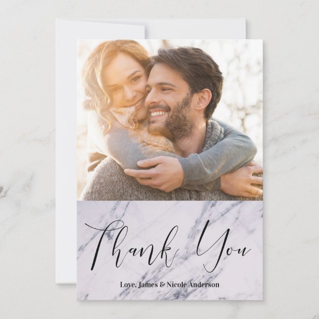 Thank You Black Modern Script Marble Photo Picture (Front)