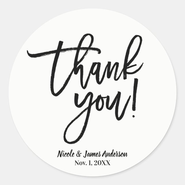 THANK YOU Black Modern Script Wedding Favour Classic Round Sticker (Front)