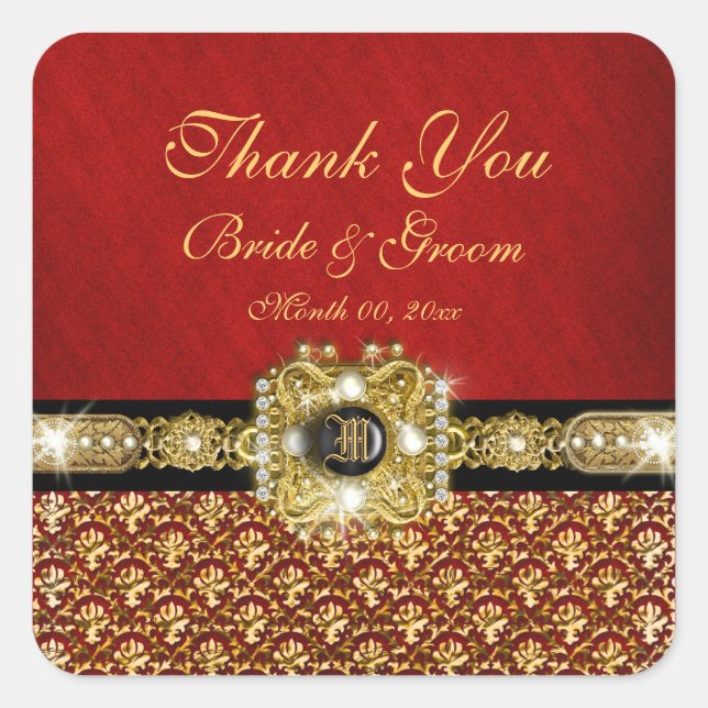"Thank you" black red gold damask Square Sticker (Front)