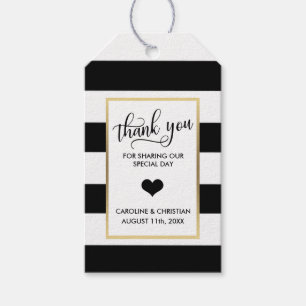 THANK YOU Black Stripes White Gold  Heart Wedding Gift Tags