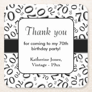 Thank You: Black/White 70th Random Number Pattern Square Paper Coaster