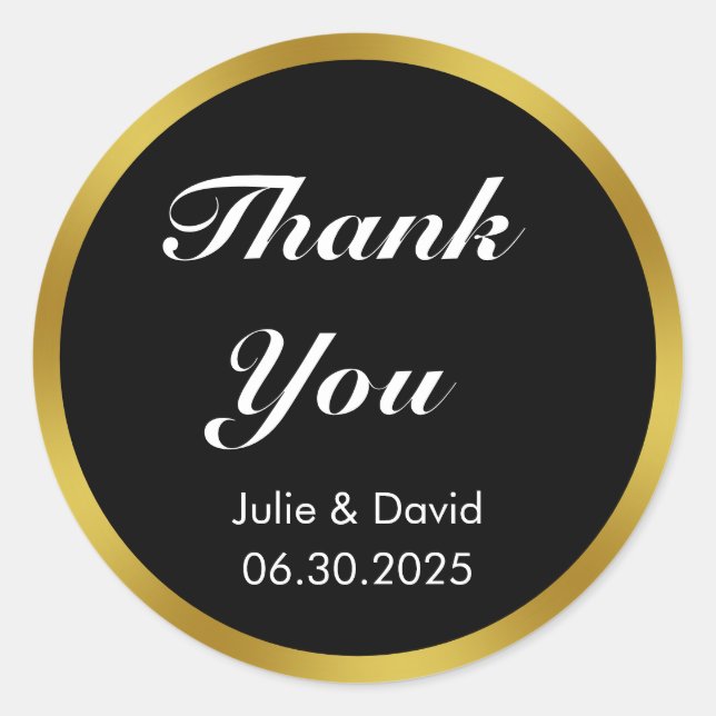 Thank You Black White and Gold Wedding Date Names Classic Round Sticker (Front)