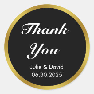 Thank You Black White and Gold Wedding Date Names Classic Round Sticker