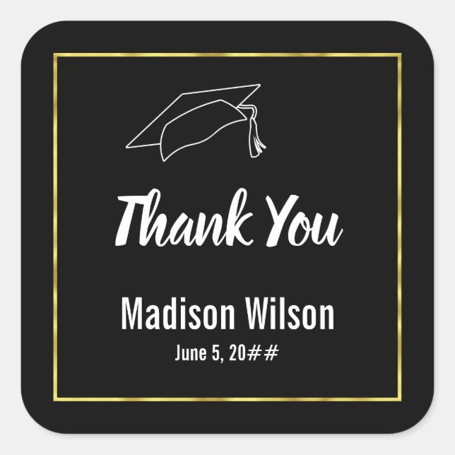 Thank You Black White Gold Grad's Name Graduation Square Sticker (Front)