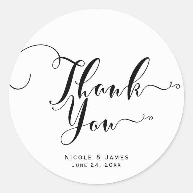 Thank You Black White Script Custom Wedding Favour Classic Round Sticker (Front)