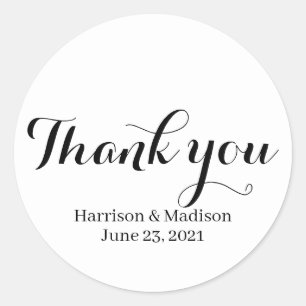 Thank you black white stylish calligraphy wedding  classic round sticker