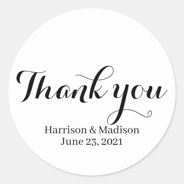 Thank you black white stylish calligraphy wedding  classic round sticker (Front)