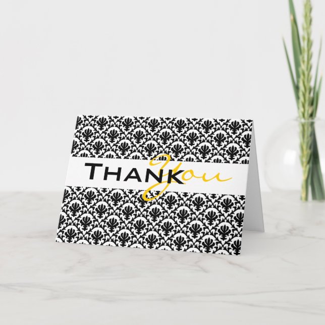 "thank you" black yellow damask wedding thank you card (Front)