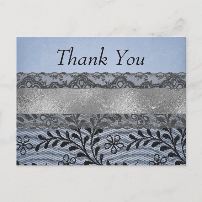 Thank you Blue and Black Faux Lace with Silver Postcard (Front)