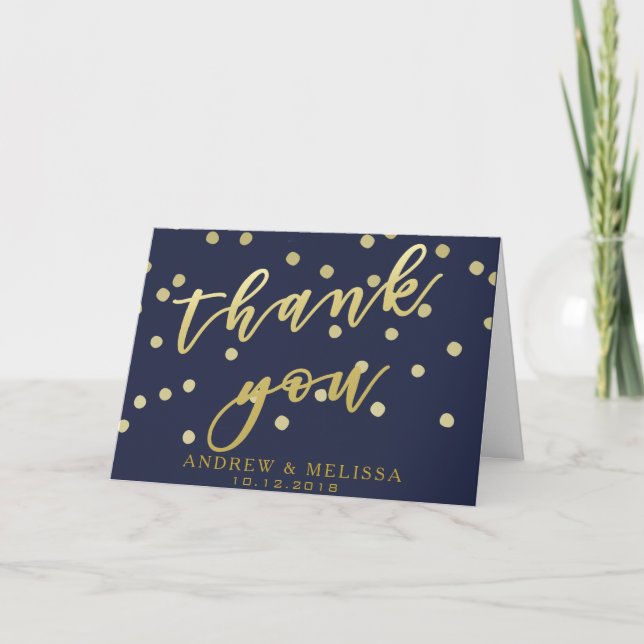 Thank You Blue and Gold Script & Confetti Postcard (Front)
