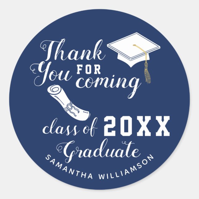 Thank You Blue and White Class of 2025 Graduate Classic Round Sticker (Front)