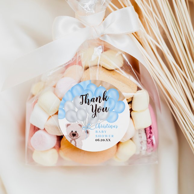 Thank you blue balloon bear boy baby shower classic round sticker (Creator Uploaded)