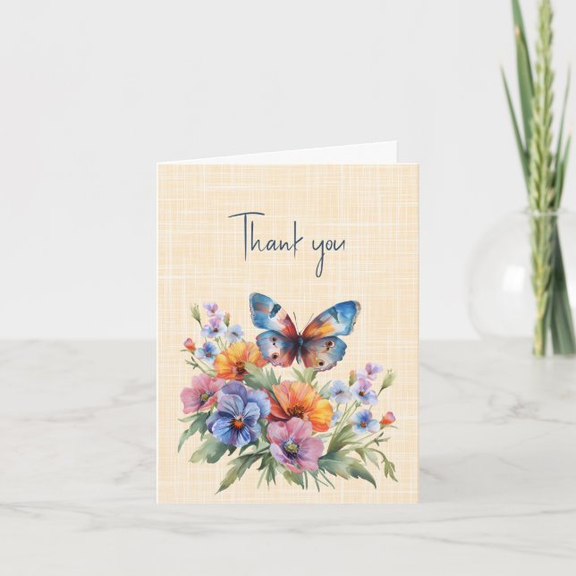 Thank you Blue Butterfly and Flowers Card (Front)