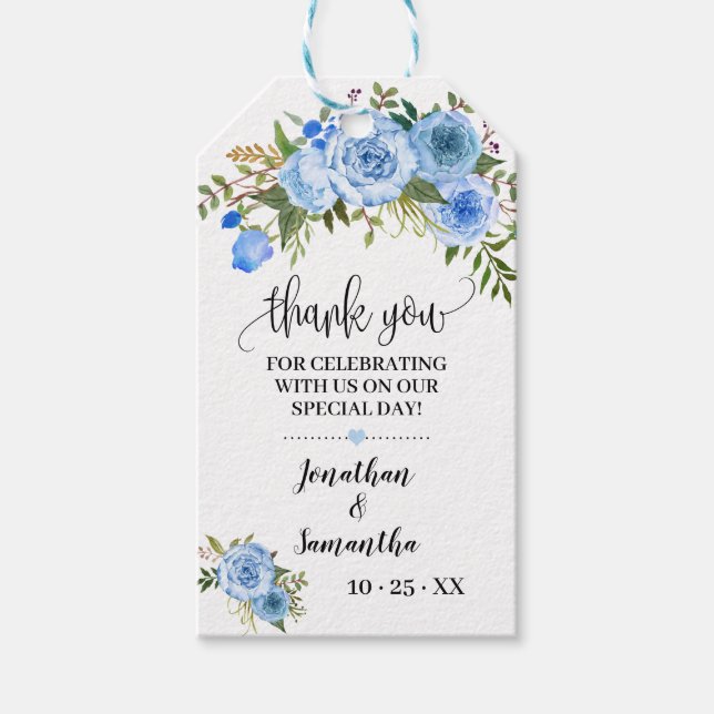 Thank you blue floral wedding favour tag (Front)