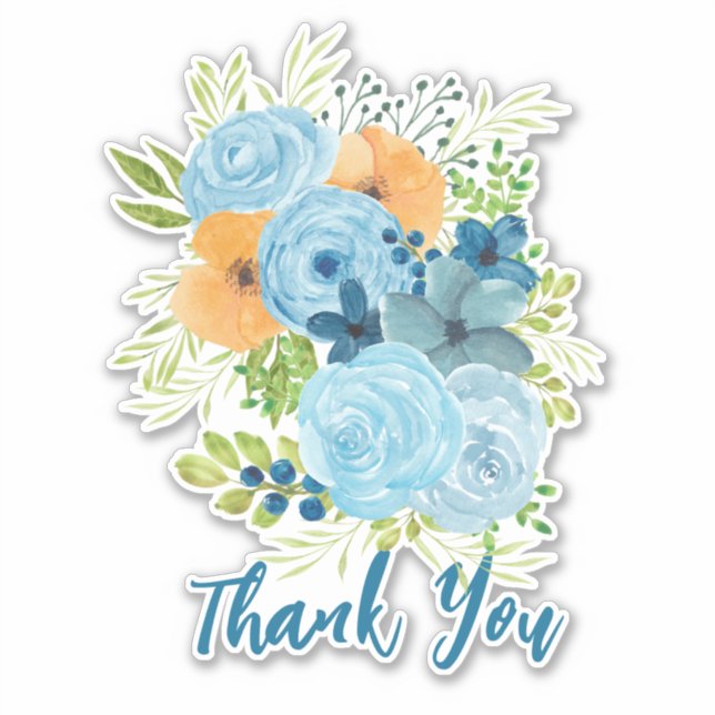 Thank You Blue Flowers Design Sticker (Front)