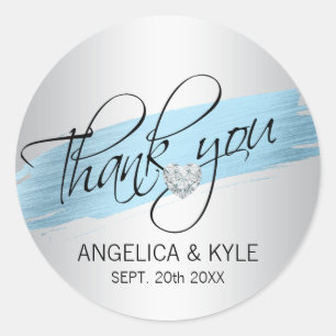 Thank you Blue Foil Diamond Heart Wedding Bridal Classic Round Sticker