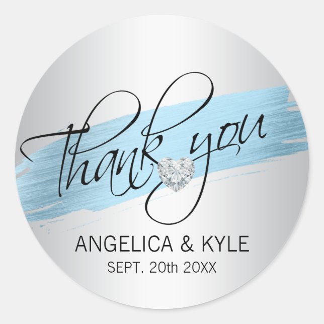 Thank you Blue Foil Diamond Heart Wedding Bridal Classic Round Sticker (Front)