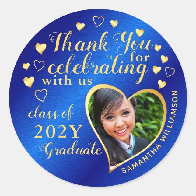 Thank You Blue & Gold 2025 Party Graduation Favour Classic Round Sticker (Front)