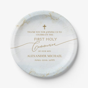 Thank You Blue Gold Cross Boy First Holy Communion Paper Plate