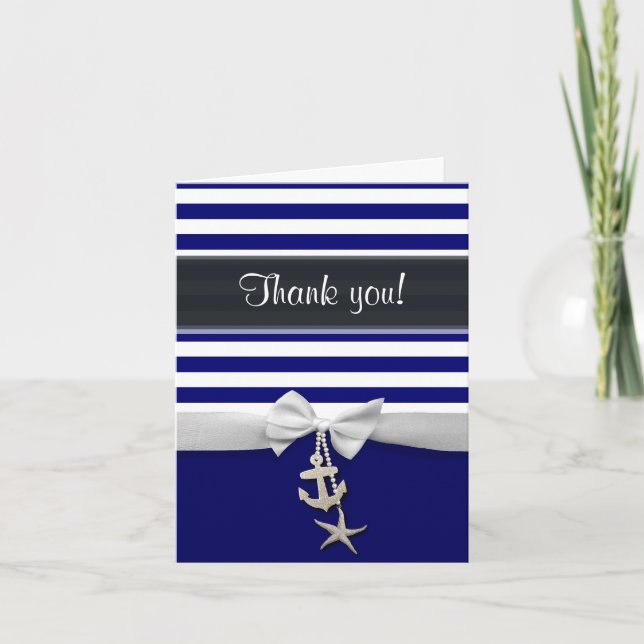 Thank You Blue Nautical stripe & faux white ribbon (Front)
