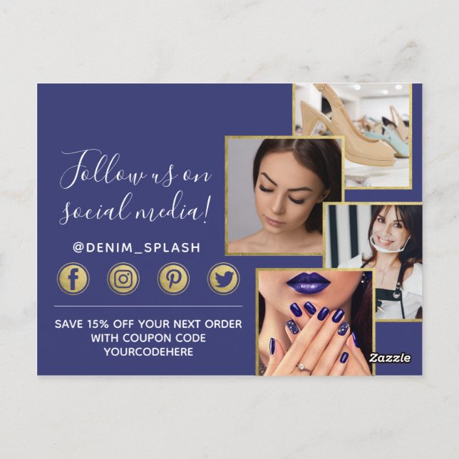 Thank You Blue Paint Stroke & Gold 4-Photo Postcard (Back)