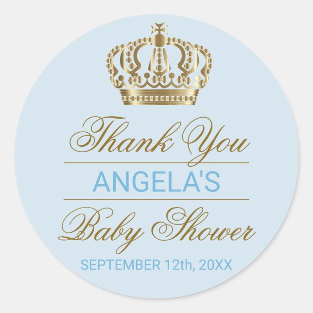 Thank You Blue Prince Gold Crown Baby Shower Classic Round Sticker (Front)