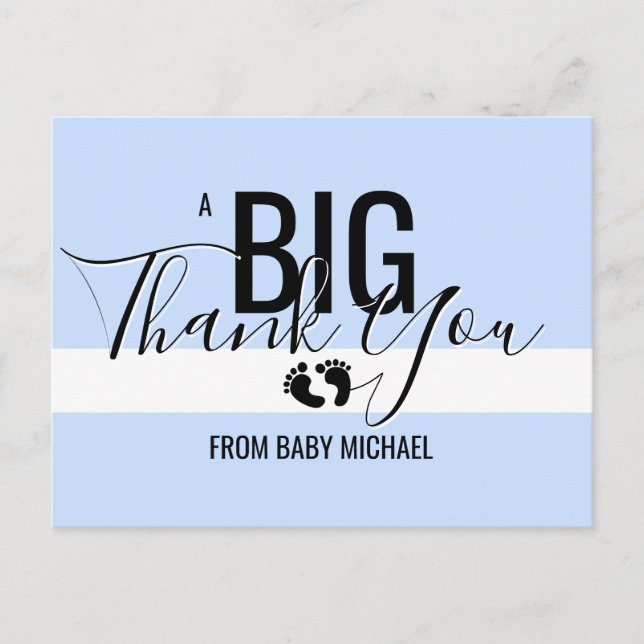 THANK YOU Blue White Feet BOY Baby Shower Party Postcard (Front)