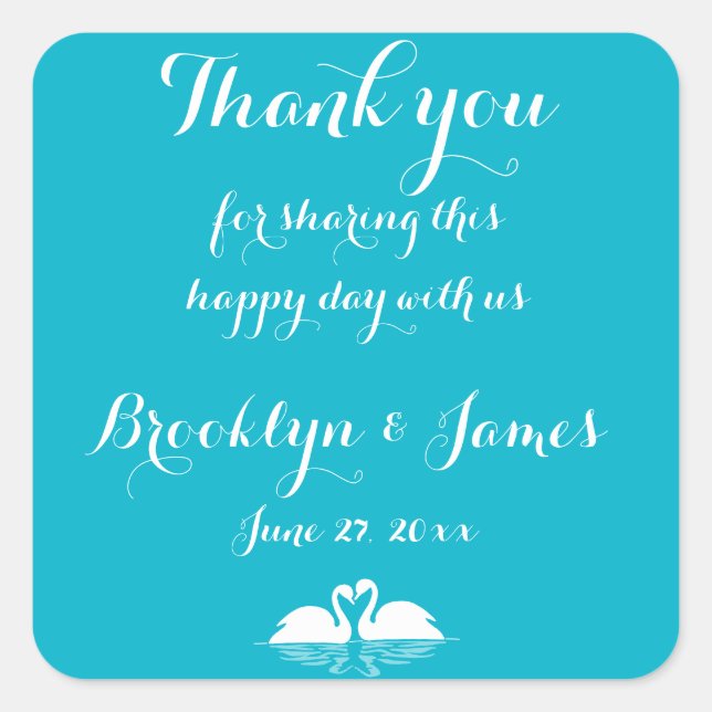 Thank You Blue White Wedding Stickers Swans (Front)