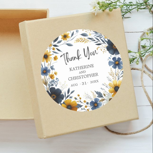 Thank You Blue Yellow Wildflowers Elegant Wedding Classic Round Sticker (Blue Gold Wildflowers Wedding Thank You Sticker for you favor boxes and bags.)